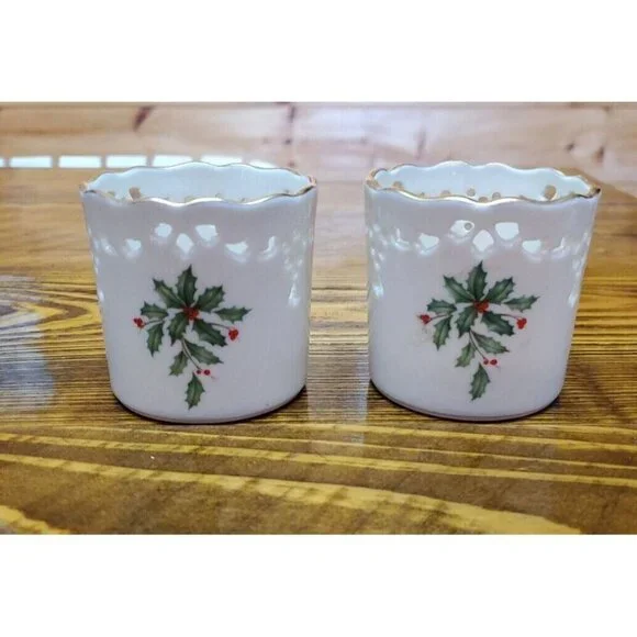 Lenox Holiday Pierced Votives 2 with candles Open Box - Picture 2 of 10